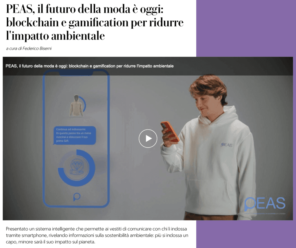 Articolo di la Repubblica: «PEAS, il futuro della moda è oggi: blockchain e gamification per ridurre l'impatto ambientale»