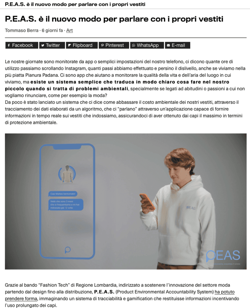 Articolo di Collater.al: «P.E.A.S. è il nuovo modo per parlare con i propri vestiti»