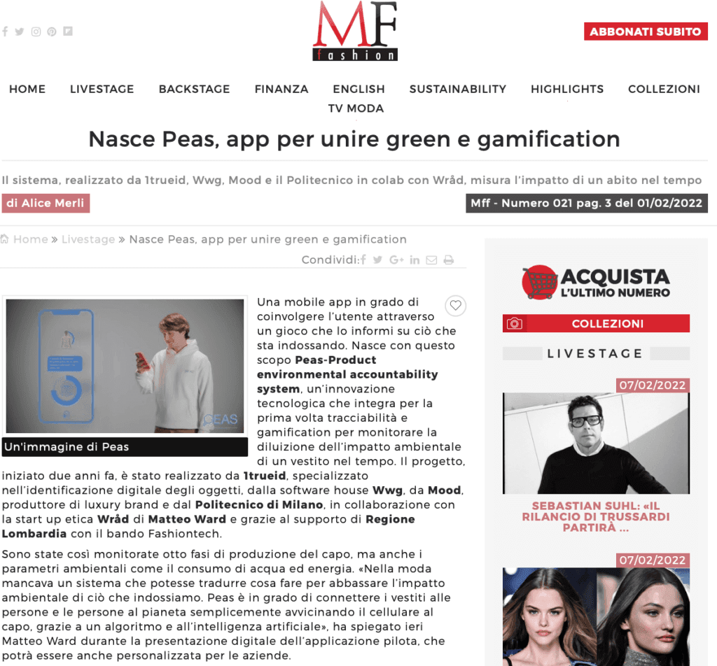 Articolo di MF Fashion: «Nasce Peas, app per unire green e gamification»