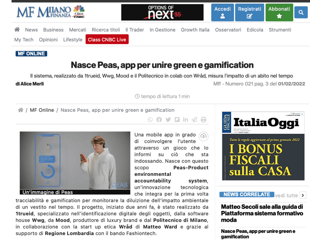 Lo stesso articolo su MF Milano Finanza online: «Nasce Peas, app per unire green e gamification»