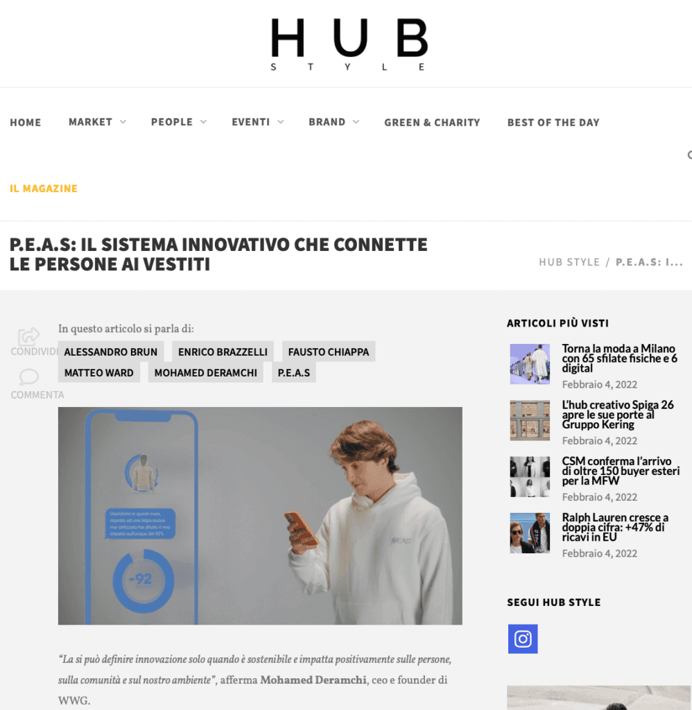 Articolo di Hub Style: «P.E.A.S: il sistema innovativo che connette le persone ai vestiti»